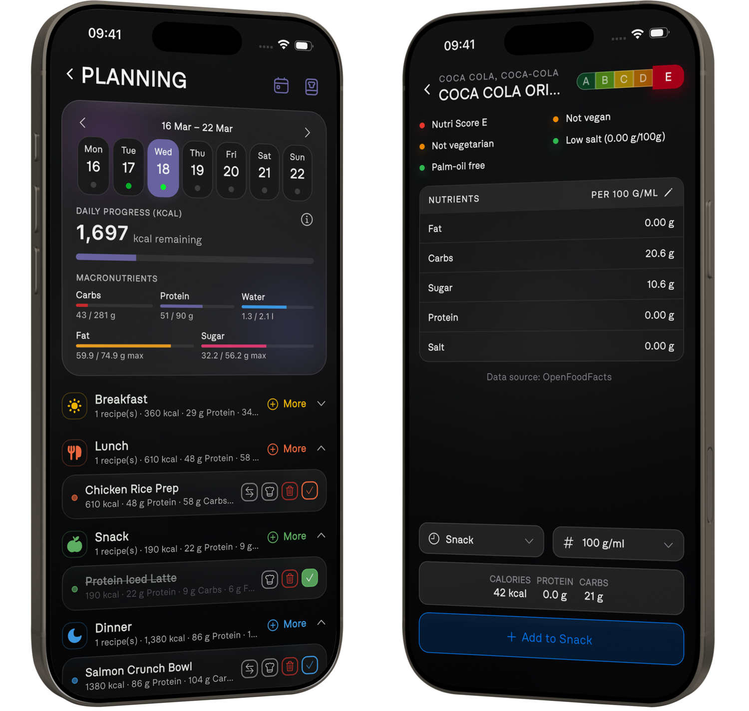 Starpolar nutrition planner showing meal planning, macro tracking, recipes, shopping, and barcode scanning