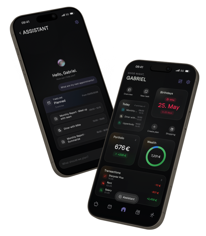 Starpolar One System app showing daily planning, routines, training, nutrition, and finance on iPhone
