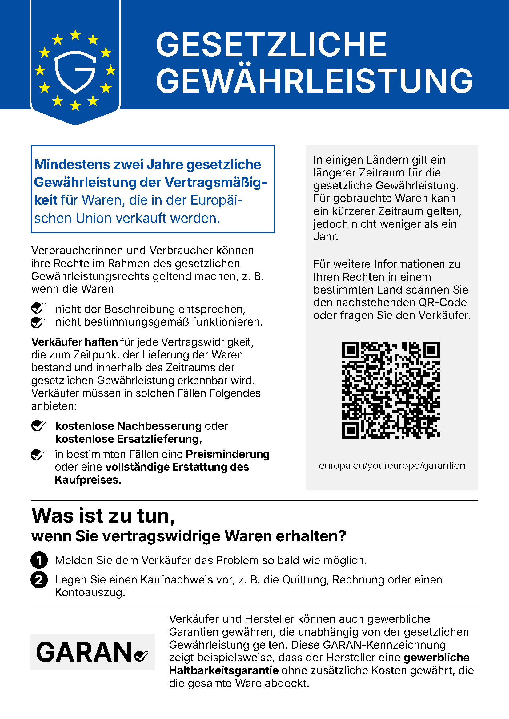 Offizielle harmonisierte EU-Mitteilung über mindestens zwei Jahre gesetzliche Gewährleistung und Abhilfen bei vertragswidriger Ware